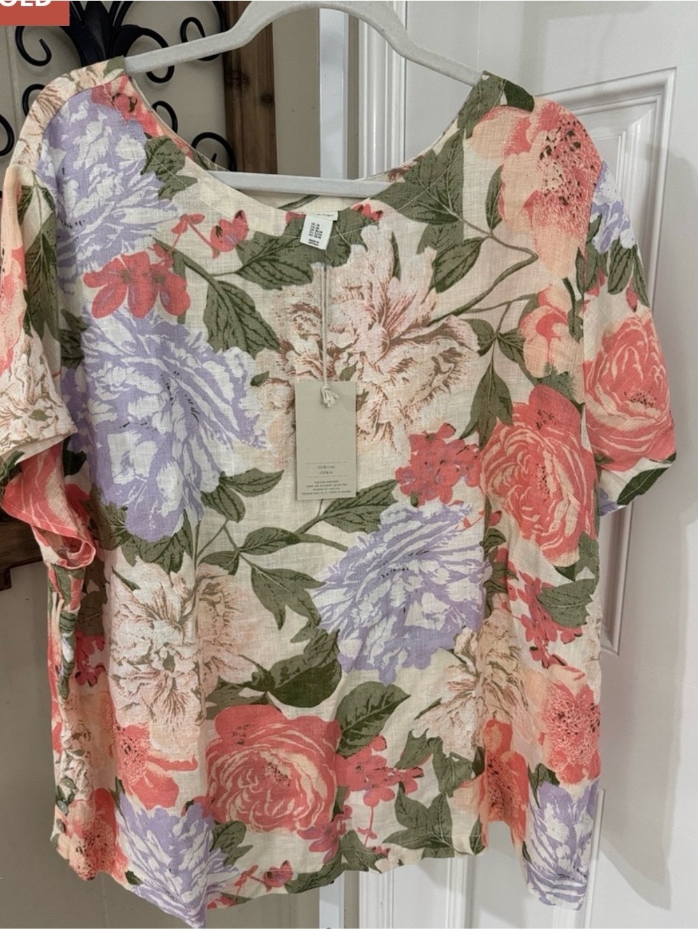 Joie Floral Linen-Blend Short Sleeve Top in Coral, Lavender & Green